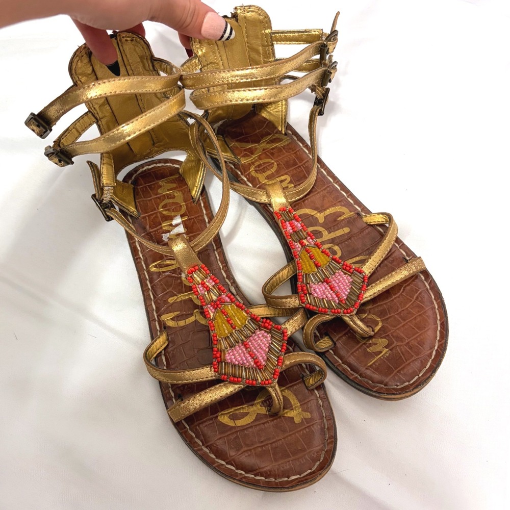 Sam Edelman Y2k Gold Beaded rhinestone Gladiator Sandals Metallic Strappy Boho
